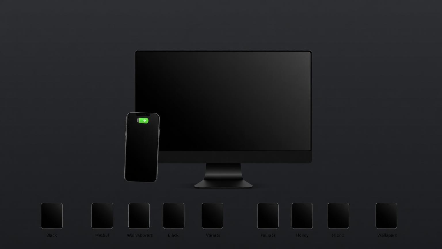 Smartphone and desktop monitor mockups showing pure black wallpapers with a green battery icon