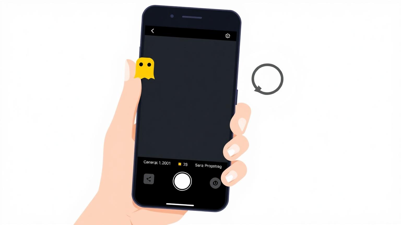 Hand holding a smartphone with a camera app viewfinder showing a completely black screen