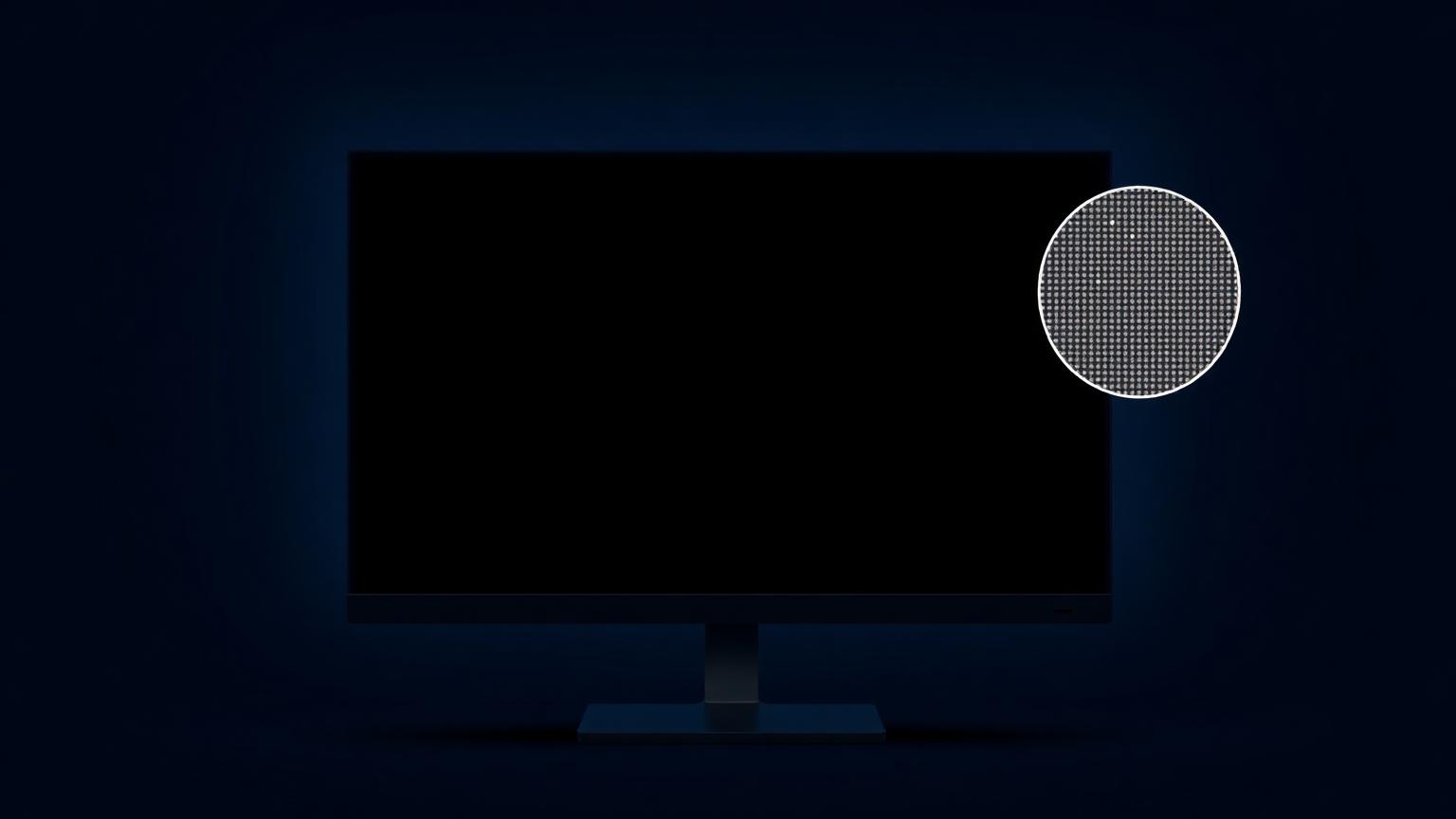 Desktop monitor showing a completely black screen in a dim room with a magnified OLED pixel grid
