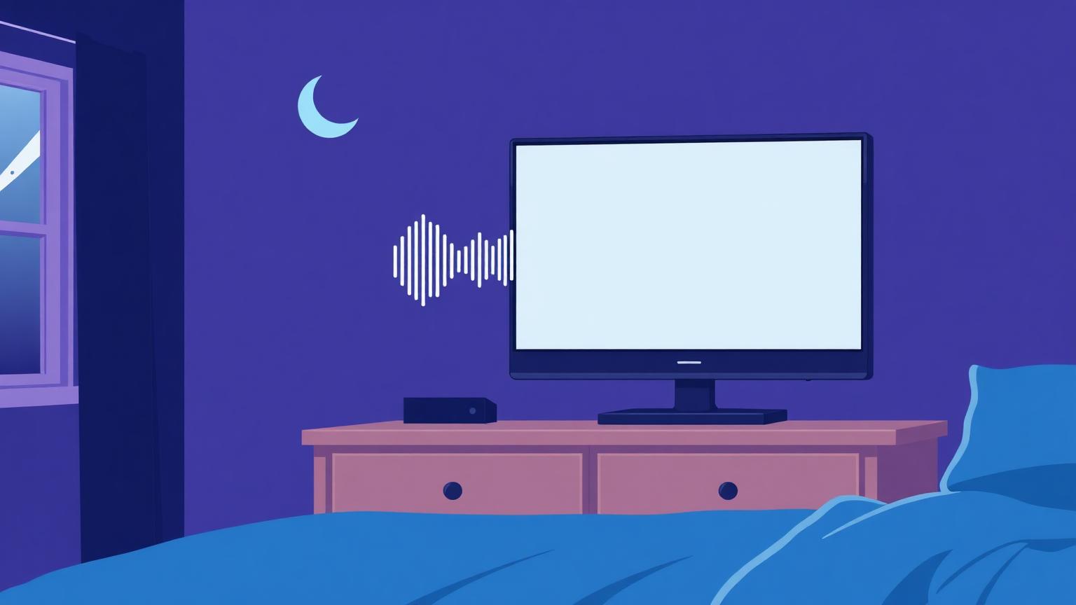 Cozy nighttime bedroom scene with a TV showing a black screen and a sound-wave icon suggesting white noise
