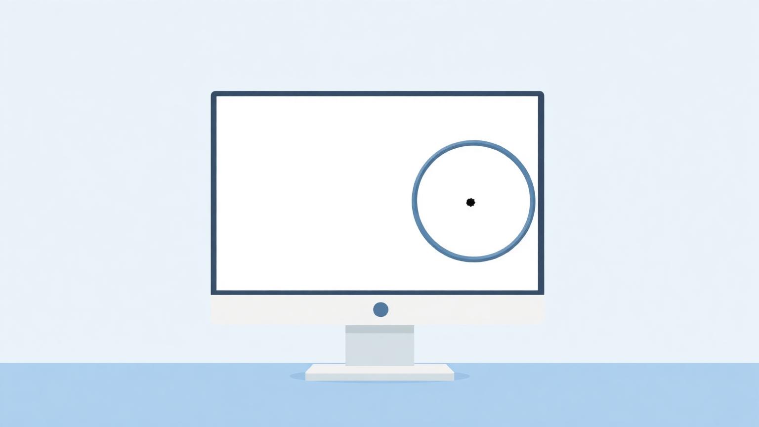 Monitor showing a pure white screen with a magnifying glass revealing a single dead pixel